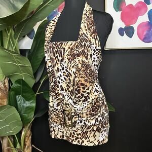 Vintage Y2K 6 Degrees Leopard Print Halter Mini Dress with Gold Buckle Detail M